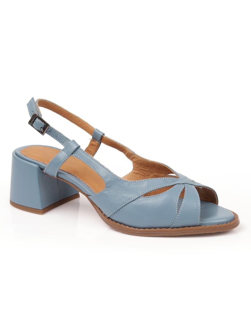 Sandália peep toe azul em couro com salto bloco, ZPZ Shoes
