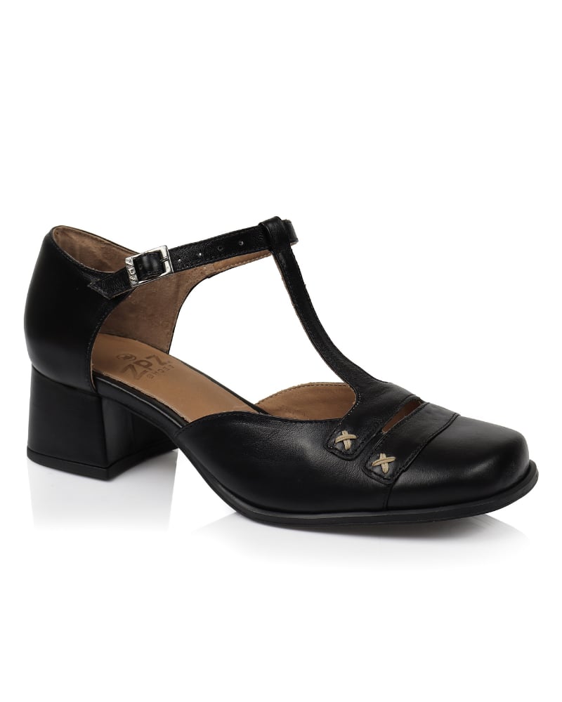 Sapato T-bar preto em couro com fivela regulável e salto bloco, ZPZ Shoes